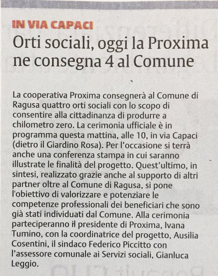 Orti Sociali. Oggi la Proxima ne consegna 4 al Comune