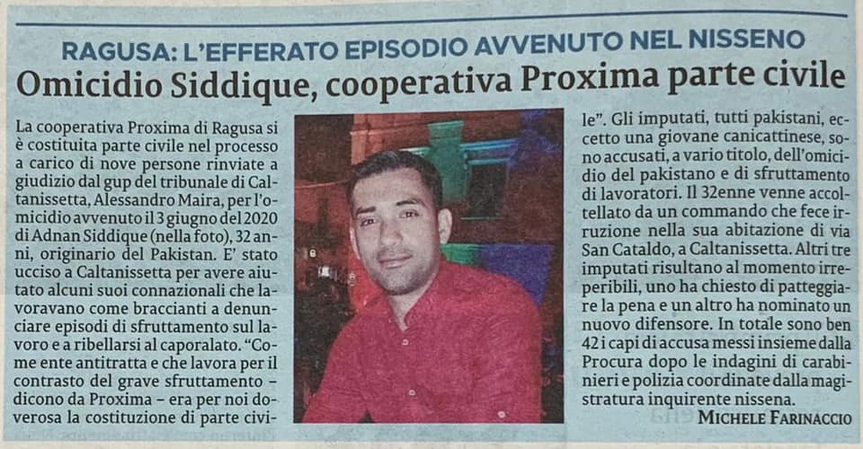 Omicidio Siddique, cooperativa Proxima parte civile